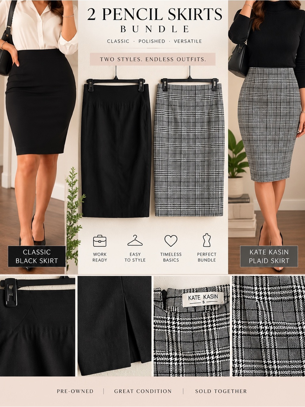 2 Pencil Skirt Bundle Black & Kate Kasin Grey Plaid Size S Workwear